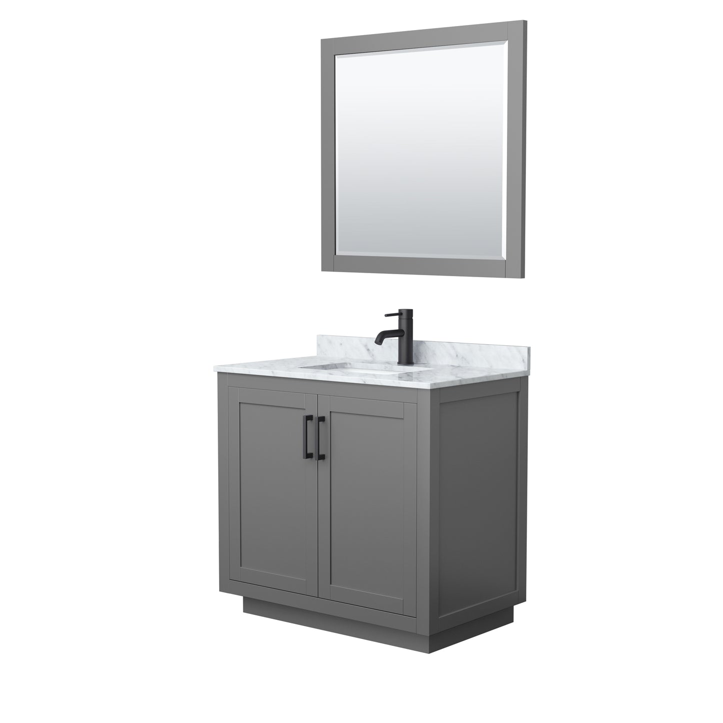 Wyndham Collection Miranda 36 Inch Single Bathroom Vanity in Dark Gray, Marble Countertop, Undermount Square Sink, Matte Black Trim, 34 Inch Mirror - Luxe Bathroom Vanities