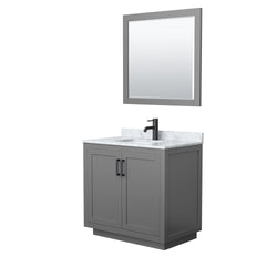 Wyndham Collection Miranda 36 Inch Single Bathroom Vanity in Dark Gray, Marble Countertop, Undermount Square Sink, Matte Black Trim, 34 Inch Mirror - Luxe Bathroom Vanities