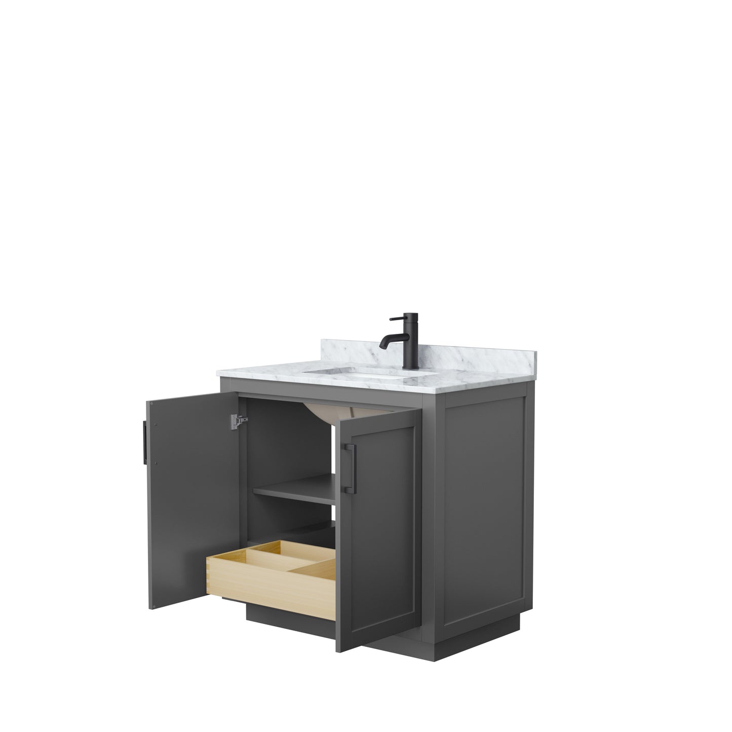 Wyndham Collection Miranda 36 Inch Single Bathroom Vanity in Dark Gray, Marble Countertop, Undermount Square Sink, Matte Black Trim, 34 Inch Mirror - Luxe Bathroom Vanities