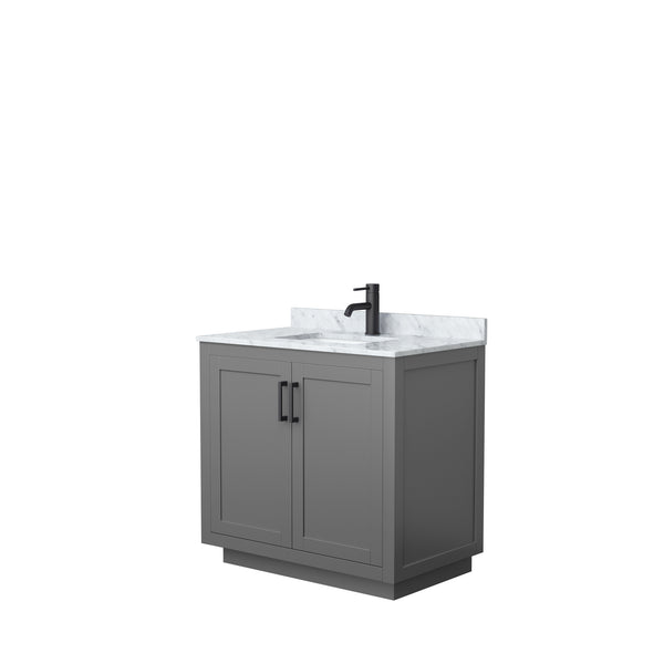 Wyndham Collection Miranda 36 Inch Single Bathroom Vanity in Dark Gray, Marble Countertop, Undermount Square Sink, Matte Black Trim, 34 Inch Mirror - Luxe Bathroom Vanities