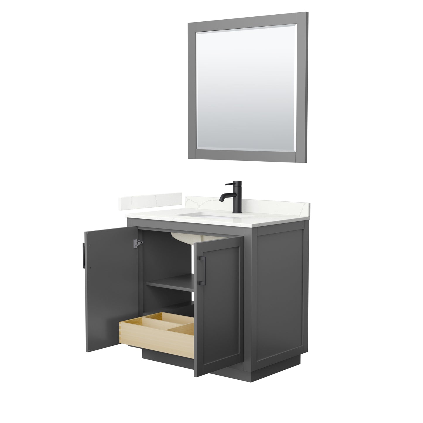 Wyndham Collection Miranda 36 Inch Single Bathroom Vanity in Dark Gray, Quartz Countertop, Undermount Square Sink, Matte Black Trim - Luxe Bathroom Vanities