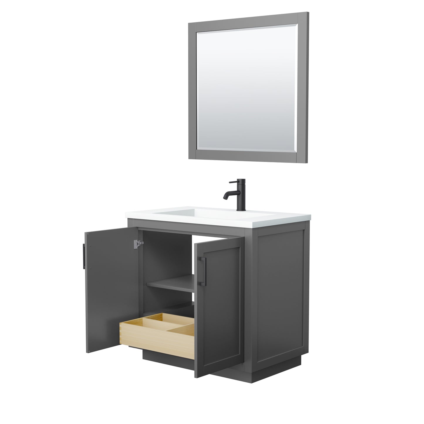 Wyndham Collection Miranda 36 Inch Single Bathroom Vanity in Dark Gray, 1.25 Inch Thick Matte White Solid Surface Countertop, Integrated Sink, Matte Black Trim, 34 Inch Mirror - Luxe Bathroom Vanities