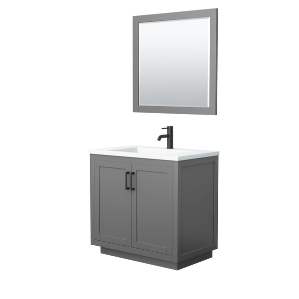 Wyndham Collection Miranda 36 Inch Single Bathroom Vanity in Dark Gray, 1.25 Inch Thick Matte White Solid Surface Countertop, Integrated Sink, Matte Black Trim, 34 Inch Mirror - Luxe Bathroom Vanities