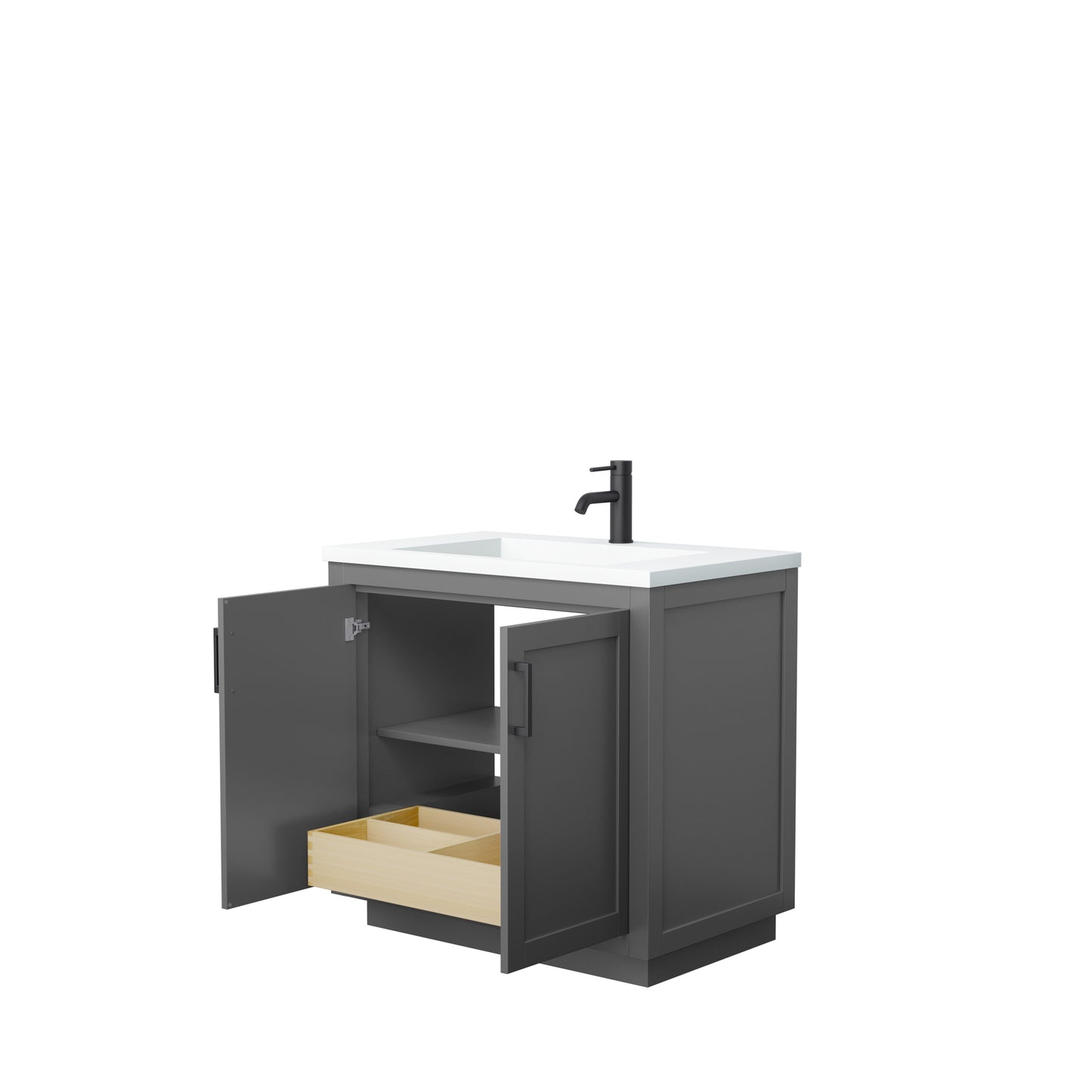 Wyndham Collection Miranda 36 Inch Single Bathroom Vanity in Dark Gray, 1.25 Inch Thick Matte White Solid Surface Countertop, Integrated Sink, Matte Black Trim, 34 Inch Mirror - Luxe Bathroom Vanities