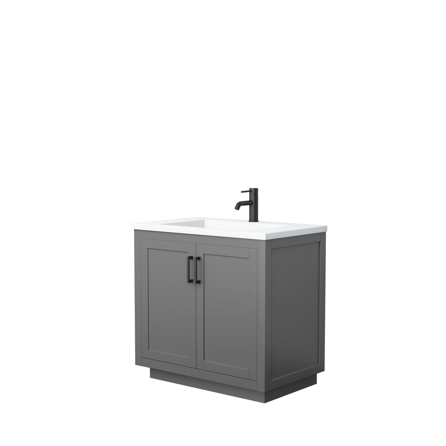 Wyndham Collection Miranda 36 Inch Single Bathroom Vanity in Dark Gray, 1.25 Inch Thick Matte White Solid Surface Countertop, Integrated Sink, Matte Black Trim, 34 Inch Mirror - Luxe Bathroom Vanities