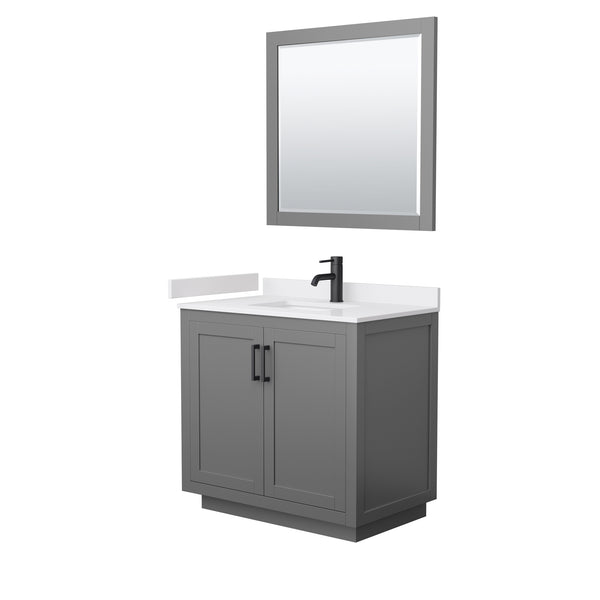 Wyndham Collection Miranda 36 Inch Single Bathroom Vanity in Dark Gray, Marble Countertop, Undermount Square Sink, Matte Black Trim, 34 Inch Mirror - Luxe Bathroom Vanities