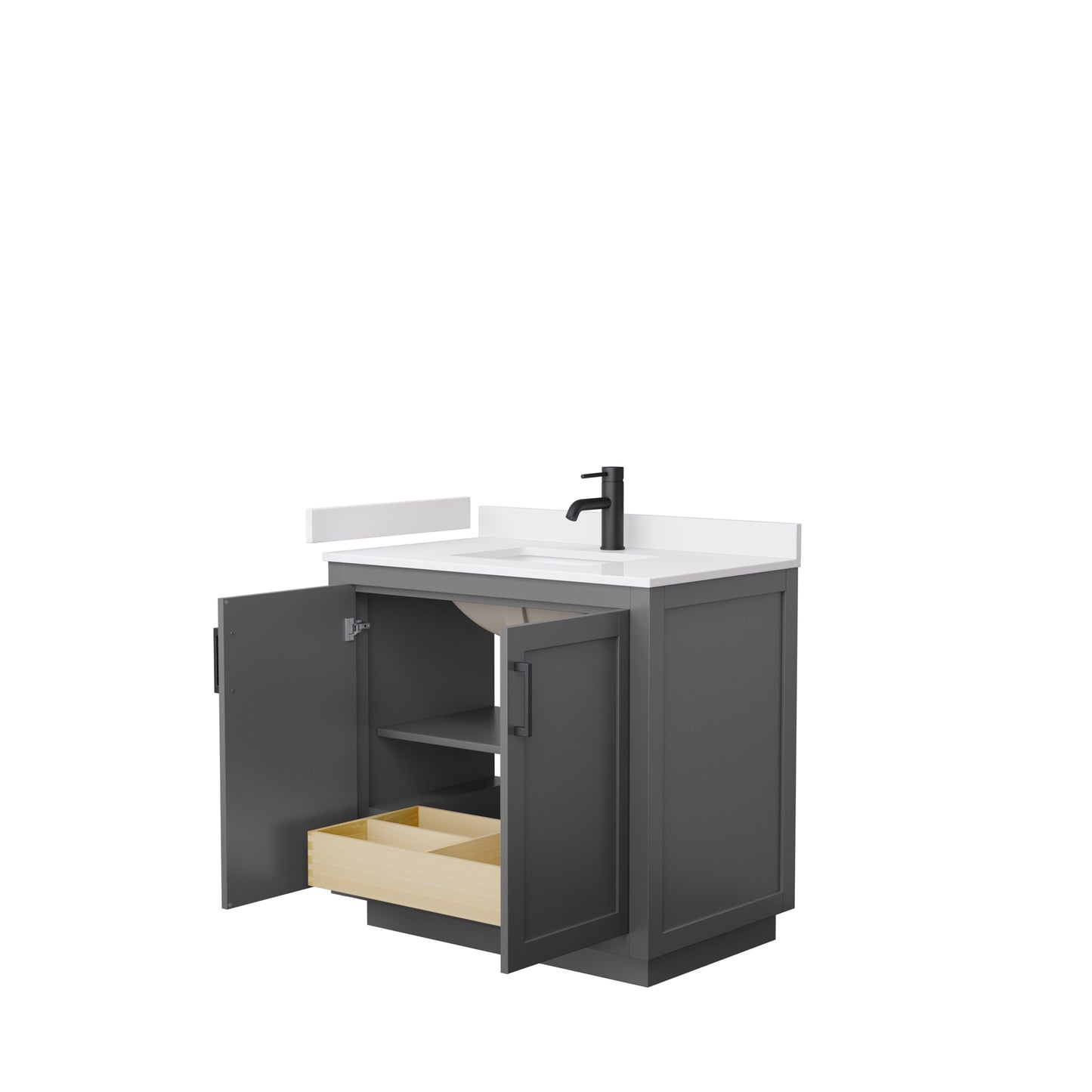 Wyndham Collection Miranda 36 Inch Single Bathroom Vanity in Dark Gray, Marble Countertop, Undermount Square Sink, Matte Black Trim, 34 Inch Mirror - Luxe Bathroom Vanities