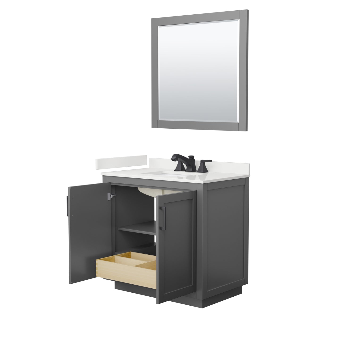 Wyndham Collection Miranda 36 Inch Single Bathroom Vanity in Dark Gray, Quartz Countertop, Undermount Square Sink, Matte Black Trim - Luxe Bathroom Vanities