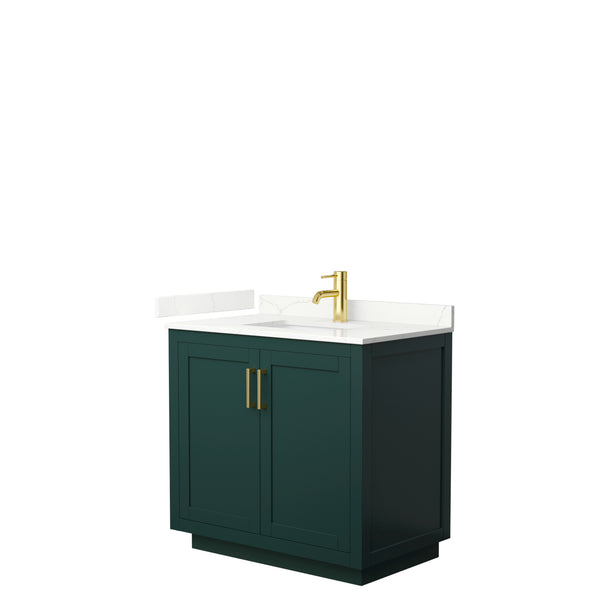 Wyndham Collection Miranda 36 Inch Single Bathroom Vanity in Green, Quartz Countertop, Undermount Square Sink, Brushed Gold Trim, - Luxe Bathroom Vanities