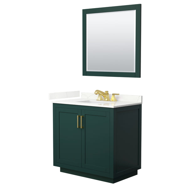 Wyndham Collection Miranda 36 Inch Single Bathroom Vanity in Green, Quartz Countertop, Undermount Square Sink, Brushed Gold Trim, - Luxe Bathroom Vanities