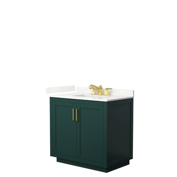 Wyndham Collection Miranda 36 Inch Single Bathroom Vanity in Green, Quartz Countertop, Undermount Square Sink, Brushed Gold Trim, - Luxe Bathroom Vanities