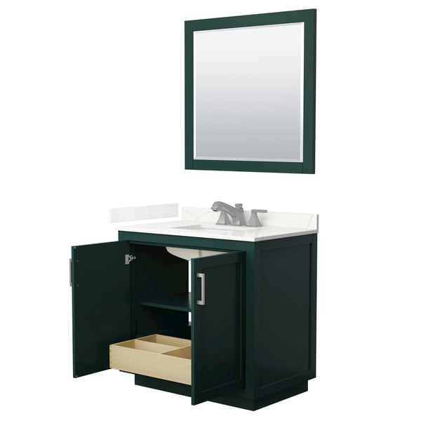 Wyndham Collection Miranda 36 Inch Single Bathroom Vanity in Green, Quartz Countertop, Undermount Square Sink, Brushed Nickel Trim - Luxe Bathroom Vanities