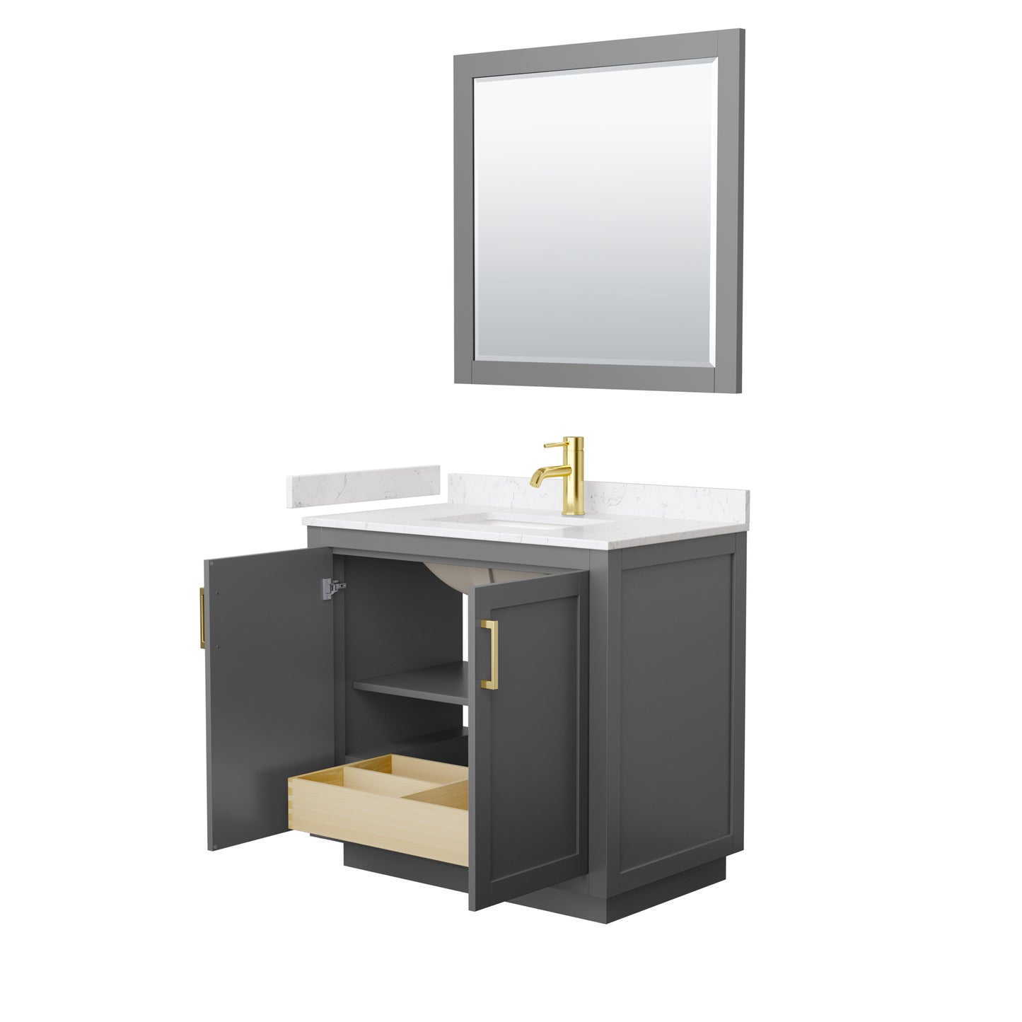 Wyndham Collection Miranda 36 Inch Single Bathroom Vanity in Dark Gray, Marble Countertop, Undermount Square Sink, Brushed Gold Trim, 34 Inch Mirror - Luxe Bathroom Vanities