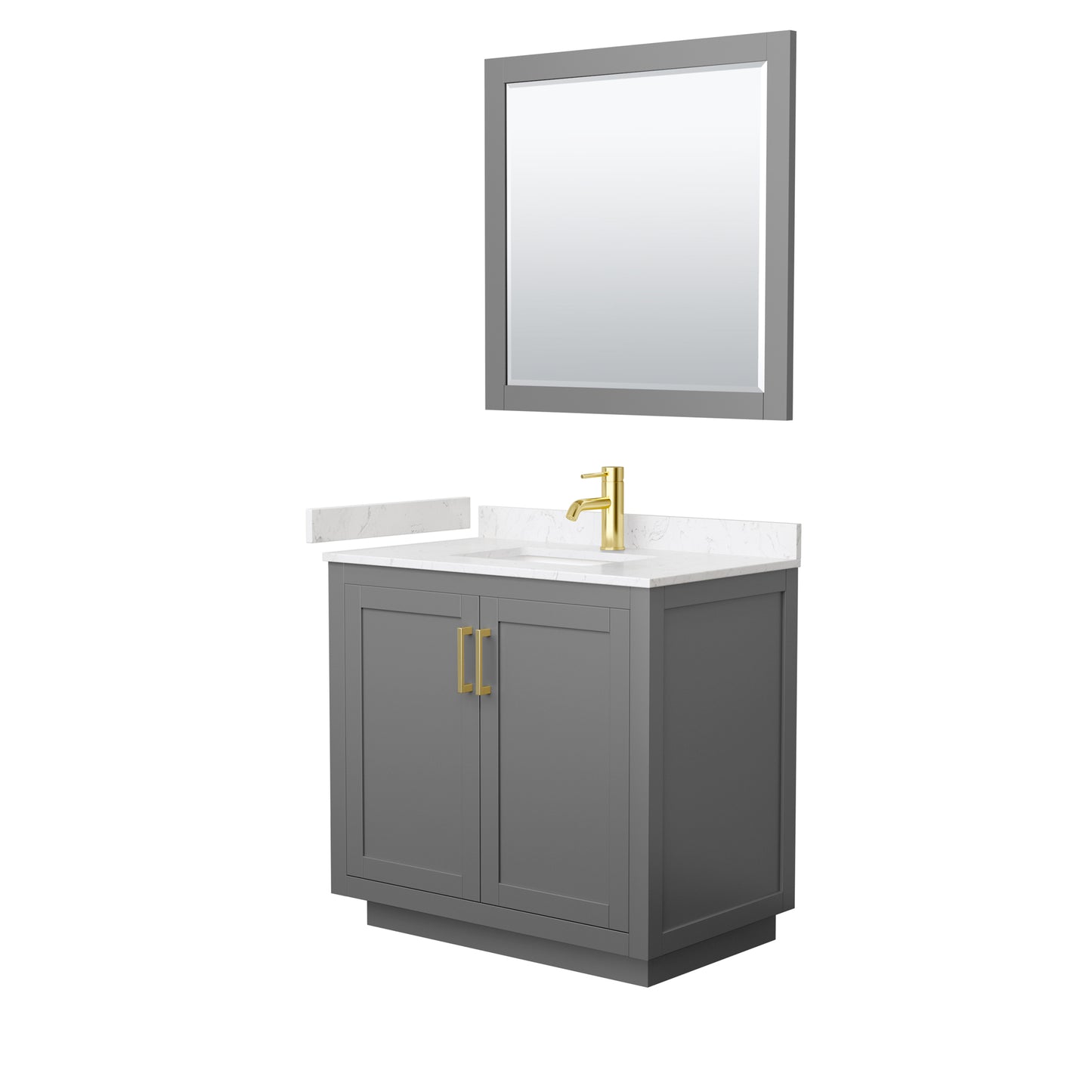 Wyndham Collection Miranda 36 Inch Single Bathroom Vanity in Dark Gray, Marble Countertop, Undermount Square Sink, Brushed Gold Trim, 34 Inch Mirror - Luxe Bathroom Vanities