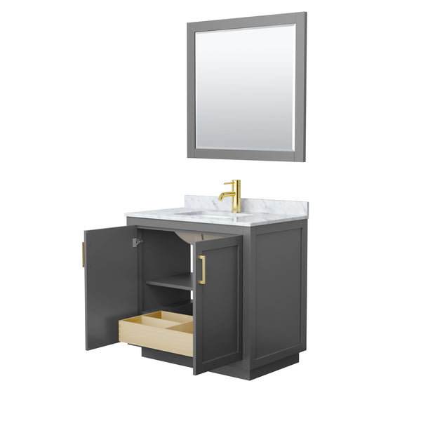 Wyndham Collection Miranda 36 Inch Single Bathroom Vanity in Dark Gray, Marble Countertop, Undermount Square Sink, Brushed Gold Trim, 34 Inch Mirror - Luxe Bathroom Vanities