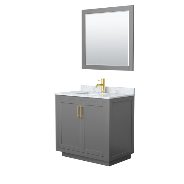 Wyndham Collection Miranda 36 Inch Single Bathroom Vanity in Dark Gray, Marble Countertop, Undermount Square Sink, Brushed Gold Trim, 34 Inch Mirror - Luxe Bathroom Vanities