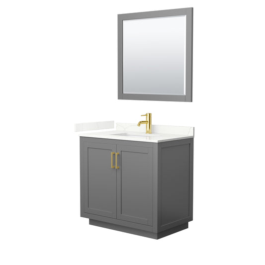 Wyndham Collection Miranda 36 Inch Single Bathroom Vanity in Dark Gray, Quartz Countertop, Undermount Square Sink, Brushed Gold Trim - Luxe Bathroom Vanities