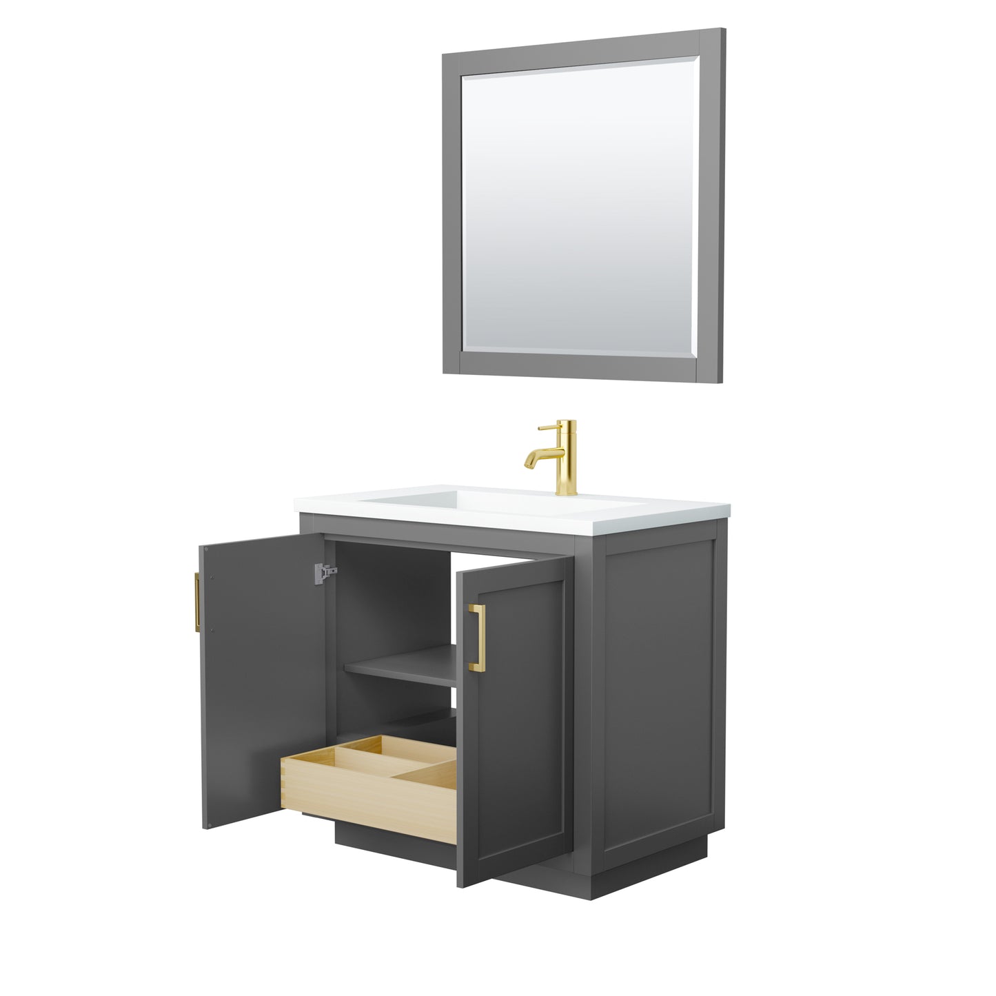 Wyndham Collection Miranda 36 Inch Single Bathroom Vanity in Dark Gray, 1.25 Inch Thick Matte White Solid Surface Countertop, Integrated Sink, Brushed Gold Trim, 34 Inch Mirror - Luxe Bathroom Vanities