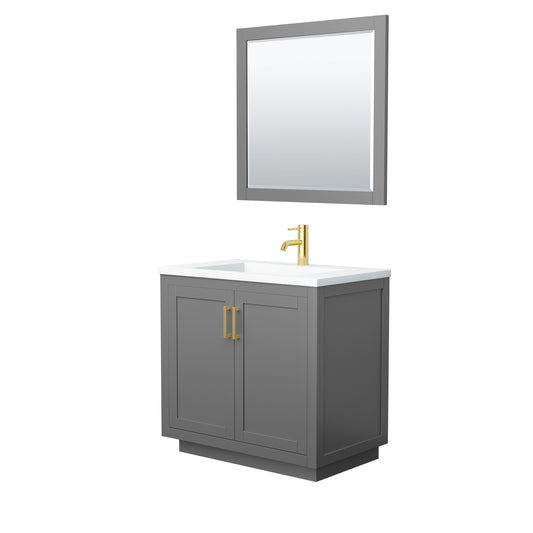 Wyndham Collection Miranda 36 Inch Single Bathroom Vanity in Dark Gray, 1.25 Inch Thick Matte White Solid Surface Countertop, Integrated Sink, Brushed Gold Trim, 34 Inch Mirror - Luxe Bathroom Vanities