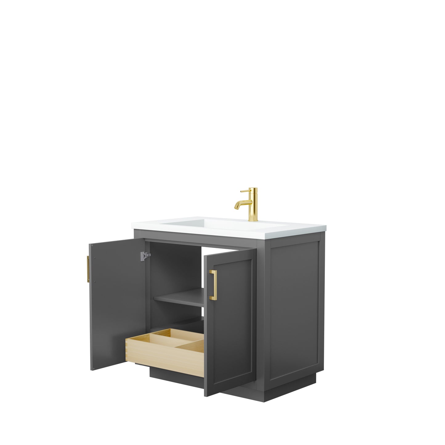 Wyndham Collection Miranda 36 Inch Single Bathroom Vanity in Dark Gray, 1.25 Inch Thick Matte White Solid Surface Countertop, Integrated Sink, Brushed Gold Trim, 34 Inch Mirror - Luxe Bathroom Vanities