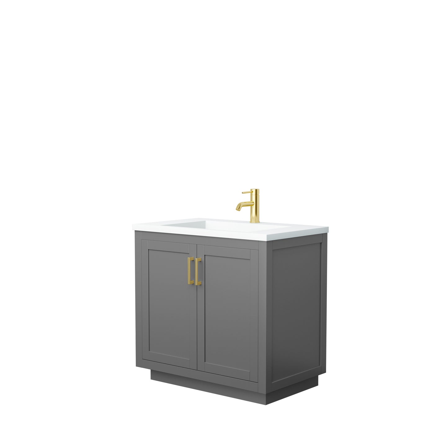 Wyndham Collection Miranda 36 Inch Single Bathroom Vanity in Dark Gray, 1.25 Inch Thick Matte White Solid Surface Countertop, Integrated Sink, Brushed Gold Trim, 34 Inch Mirror - Luxe Bathroom Vanities