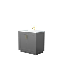 Wyndham Collection Miranda 36 Inch Single Bathroom Vanity in Dark Gray, 1.25 Inch Thick Matte White Solid Surface Countertop, Integrated Sink, Brushed Gold Trim, 34 Inch Mirror - Luxe Bathroom Vanities