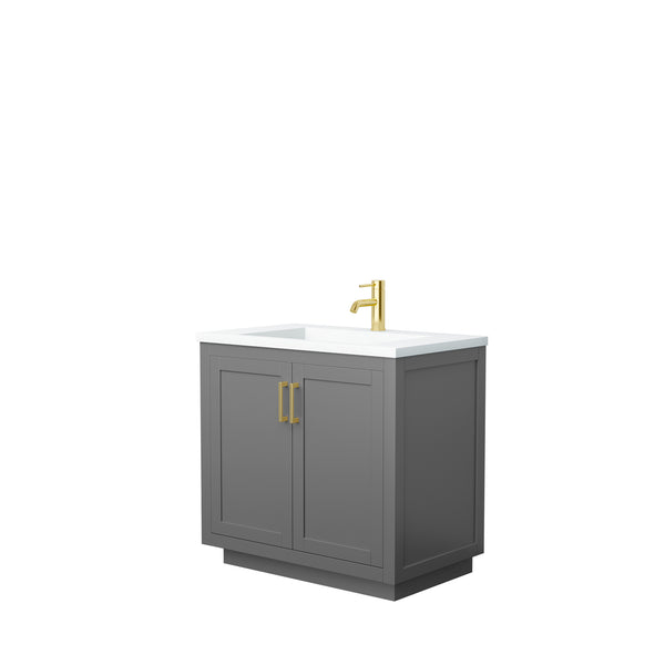 Wyndham Collection Miranda 36 Inch Single Bathroom Vanity in Dark Gray, 1.25 Inch Thick Matte White Solid Surface Countertop, Integrated Sink, Brushed Gold Trim, 34 Inch Mirror - Luxe Bathroom Vanities