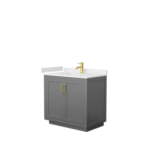 Wyndham Collection Miranda 36 Inch Single Bathroom Vanity in Dark Gray, Marble Countertop, Undermount Square Sink, Brushed Gold Trim, 34 Inch Mirror - Luxe Bathroom Vanities