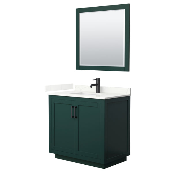 Wyndham Collection Miranda 36 Inch Single Bathroom Vanity in Green, Quartz Countertop, Undermount Square Sink, Matte Black Trim - Luxe Bathroom Vanities