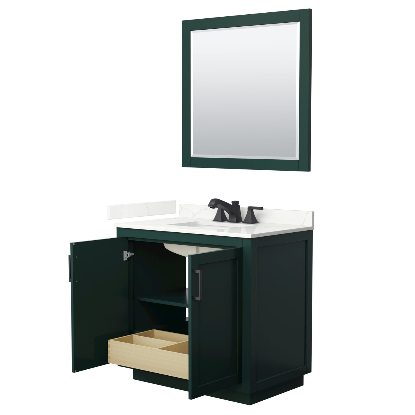 Wyndham Collection Miranda 36 Inch Single Bathroom Vanity in Green, Quartz Countertop, Undermount Square Sink, Matte Black Trim - Luxe Bathroom Vanities