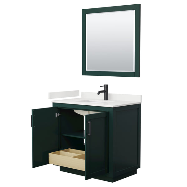 Wyndham Collection Miranda 36 Inch Single Bathroom Vanity in Green, Quartz Countertop, Undermount Square Sink, Matte Black Trim - Luxe Bathroom Vanities