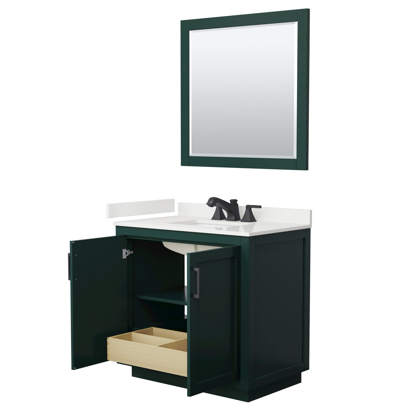 Wyndham Collection Miranda 36 Inch Single Bathroom Vanity in Green, Quartz Countertop, Undermount Square Sink, Matte Black Trim - Luxe Bathroom Vanities