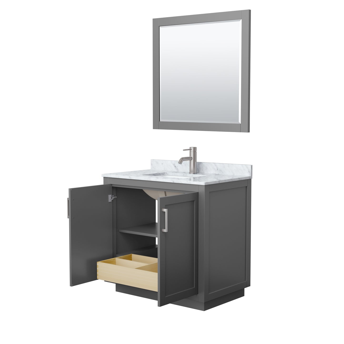 Wyndham Collection Miranda 36 Inch Single Bathroom Vanity in Dark Gray, Marble Countertop, Undermount Square Sink, Brushed Nickel Trim, 34 Inch Mirror - Luxe Bathroom Vanities