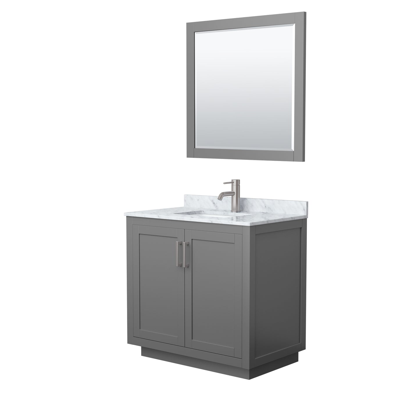 Wyndham Collection Miranda 36 Inch Single Bathroom Vanity in Dark Gray, Marble Countertop, Undermount Square Sink, Brushed Nickel Trim, 34 Inch Mirror - Luxe Bathroom Vanities