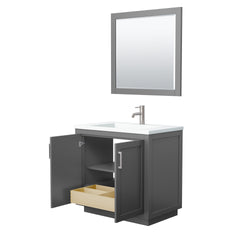 Wyndham Collection Miranda 36 Inch Single Bathroom Vanity in Dark Gray, 1.25 Inch Thick Matte White Solid Surface Countertop, Integrated Sink, Brushed Nickel Trim, 34 Inch Mirror - Luxe Bathroom Vanities