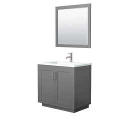 Wyndham Collection Miranda 36 Inch Single Bathroom Vanity in Dark Gray, 1.25 Inch Thick Matte White Solid Surface Countertop, Integrated Sink, Brushed Nickel Trim, 34 Inch Mirror - Luxe Bathroom Vanities