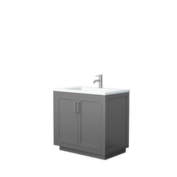 Wyndham Collection Miranda 36 Inch Single Bathroom Vanity in Dark Gray, 1.25 Inch Thick Matte White Solid Surface Countertop, Integrated Sink, Brushed Nickel Trim, 34 Inch Mirror - Luxe Bathroom Vanities