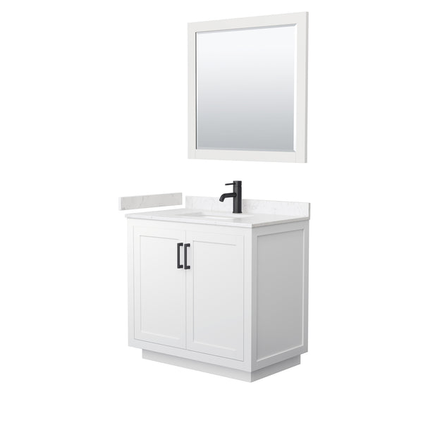 Wyndham Collection Miranda 36 Inch Single Bathroom Vanity in White, Marble Countertop, Undermount Square Sink, Matte Black Trim, 34 Inch Mirror - Luxe Bathroom Vanities