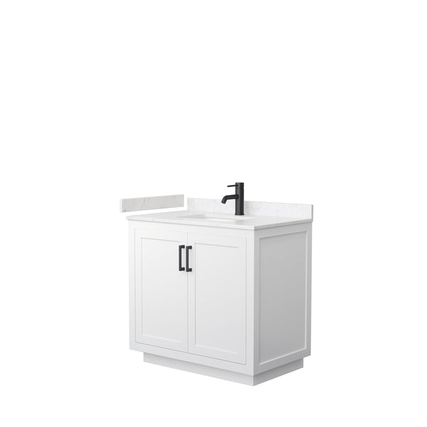 Wyndham Collection Miranda 36 Inch Single Bathroom Vanity in White, Marble Countertop, Undermount Square Sink, Matte Black Trim, 34 Inch Mirror - Luxe Bathroom Vanities