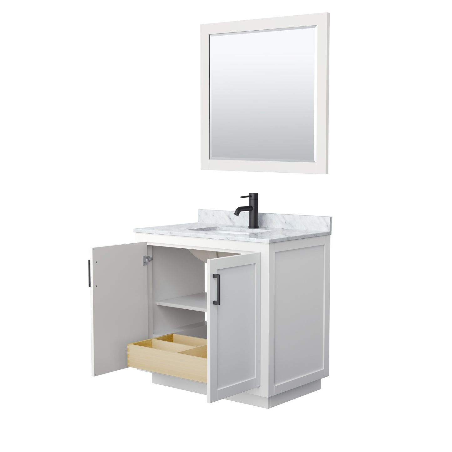 Wyndham Collection Miranda 36 Inch Single Bathroom Vanity in White, Marble Countertop, Undermount Square Sink, Matte Black Trim, 34 Inch Mirror - Luxe Bathroom Vanities