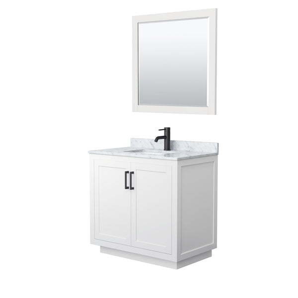 Wyndham Collection Miranda 36 Inch Single Bathroom Vanity in White, Marble Countertop, Undermount Square Sink, Matte Black Trim, 34 Inch Mirror - Luxe Bathroom Vanities