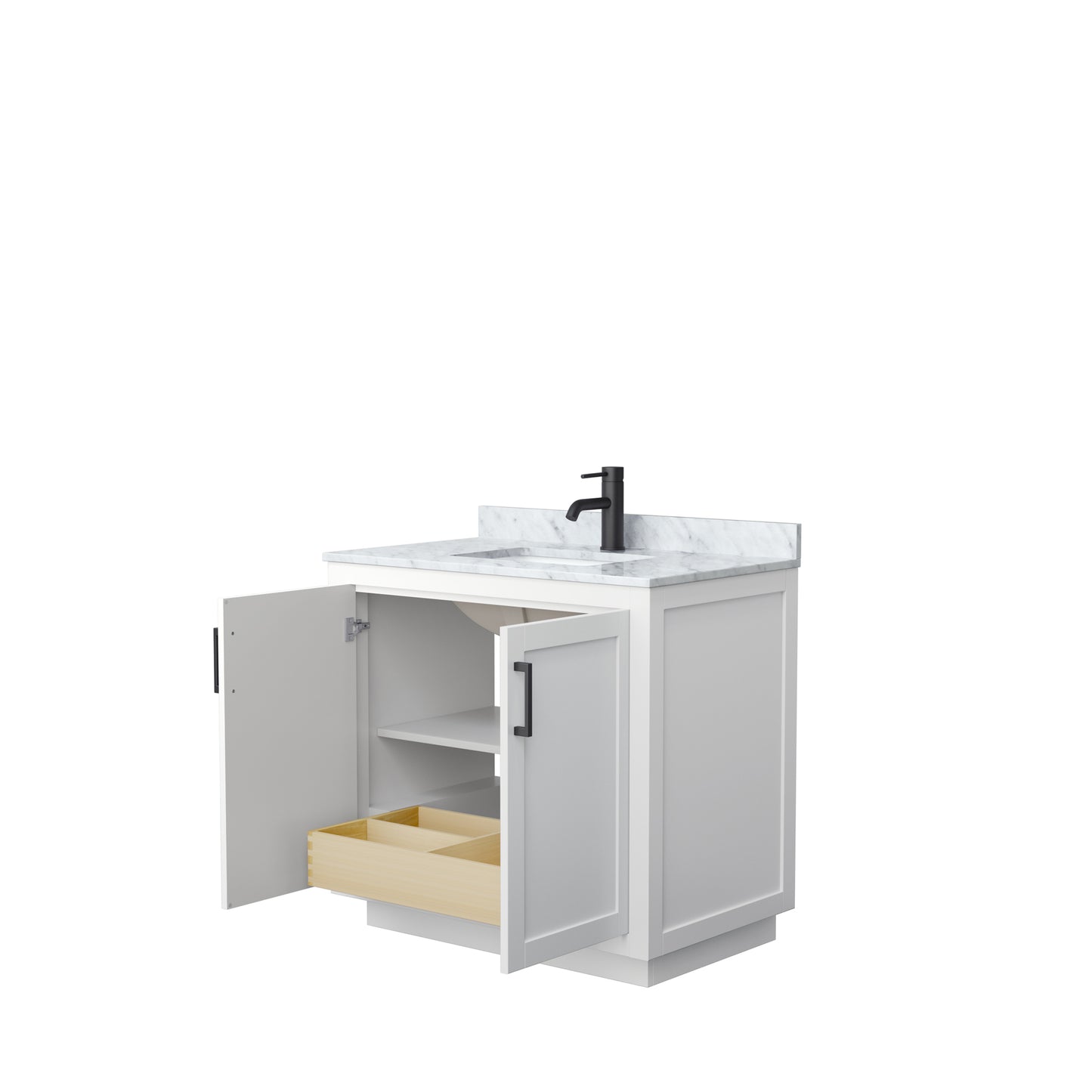 Wyndham Collection Miranda 36 Inch Single Bathroom Vanity in White, Marble Countertop, Undermount Square Sink, Matte Black Trim, 34 Inch Mirror - Luxe Bathroom Vanities