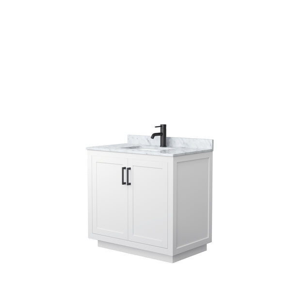 Wyndham Collection Miranda 36 Inch Single Bathroom Vanity in White, Marble Countertop, Undermount Square Sink, Matte Black Trim, 34 Inch Mirror - Luxe Bathroom Vanities