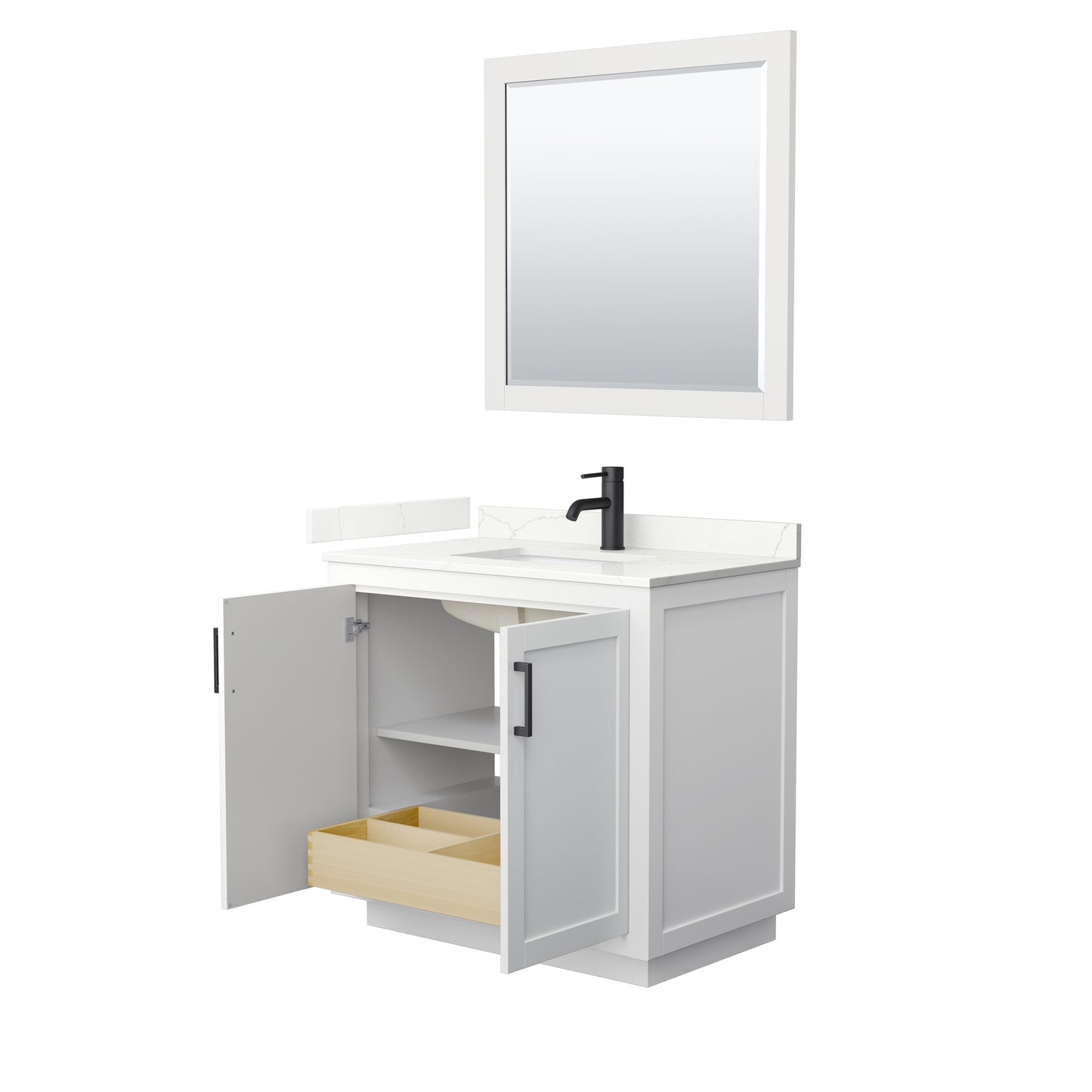 Wyndham Collection Miranda 36 Inch Single Bathroom Vanity in White, Quartz Countertop, Undermount Square Sink, Matte Black Trim - Luxe Bathroom Vanities