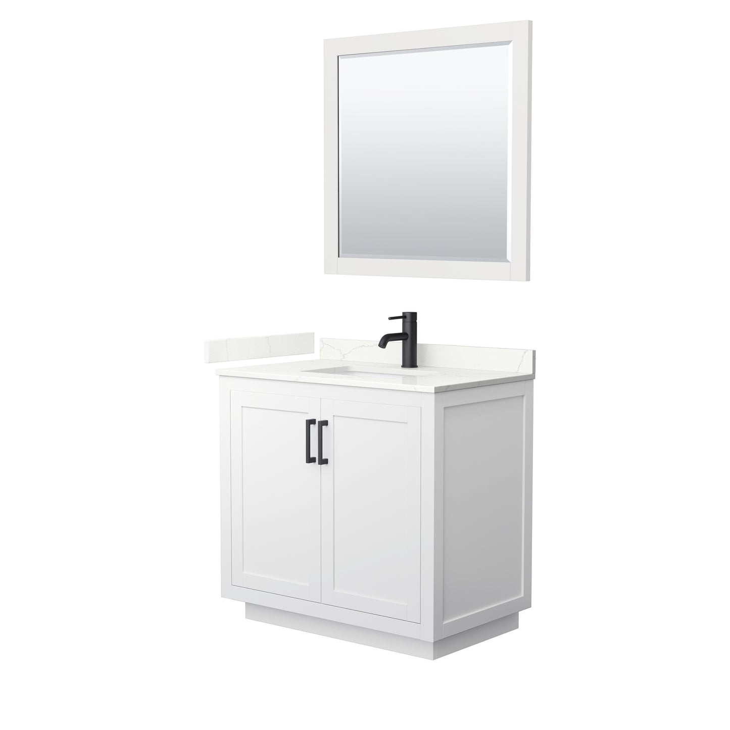 Wyndham Collection Miranda 36 Inch Single Bathroom Vanity in White, Quartz Countertop, Undermount Square Sink, Matte Black Trim - Luxe Bathroom Vanities