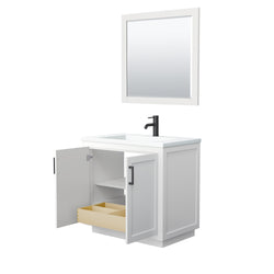 Wyndham Collection Miranda 36 Inch Single Bathroom Vanity in White, 1.25 Inch Thick Matte White Solid Surface Countertop, Integrated Sink, Matte Black Trim, 34 Inch Mirror - Luxe Bathroom Vanities