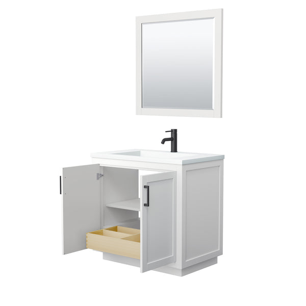 Wyndham Collection Miranda 36 Inch Single Bathroom Vanity in White, 1.25 Inch Thick Matte White Solid Surface Countertop, Integrated Sink, Matte Black Trim, 34 Inch Mirror - Luxe Bathroom Vanities