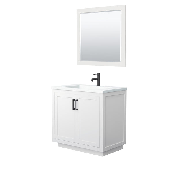 Wyndham Collection Miranda 36 Inch Single Bathroom Vanity in White, 1.25 Inch Thick Matte White Solid Surface Countertop, Integrated Sink, Matte Black Trim, 34 Inch Mirror - Luxe Bathroom Vanities