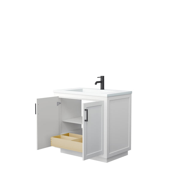 Wyndham Collection Miranda 36 Inch Single Bathroom Vanity in White, 1.25 Inch Thick Matte White Solid Surface Countertop, Integrated Sink, Matte Black Trim, 34 Inch Mirror - Luxe Bathroom Vanities