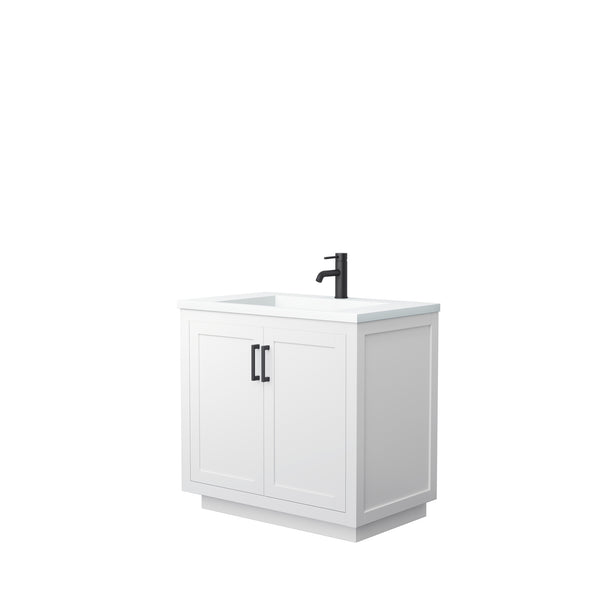 Wyndham Collection Miranda 36 Inch Single Bathroom Vanity in White, 1.25 Inch Thick Matte White Solid Surface Countertop, Integrated Sink, Matte Black Trim, 34 Inch Mirror - Luxe Bathroom Vanities